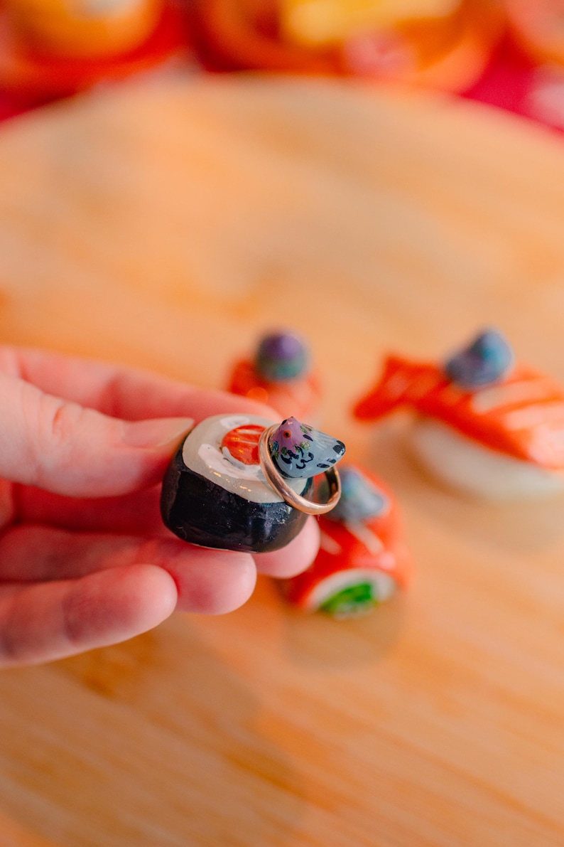 Pigeon on Sushi Ring Holder, Handmade Ring Organizer, Small Bird Desk Decor 2.7 Centimeters