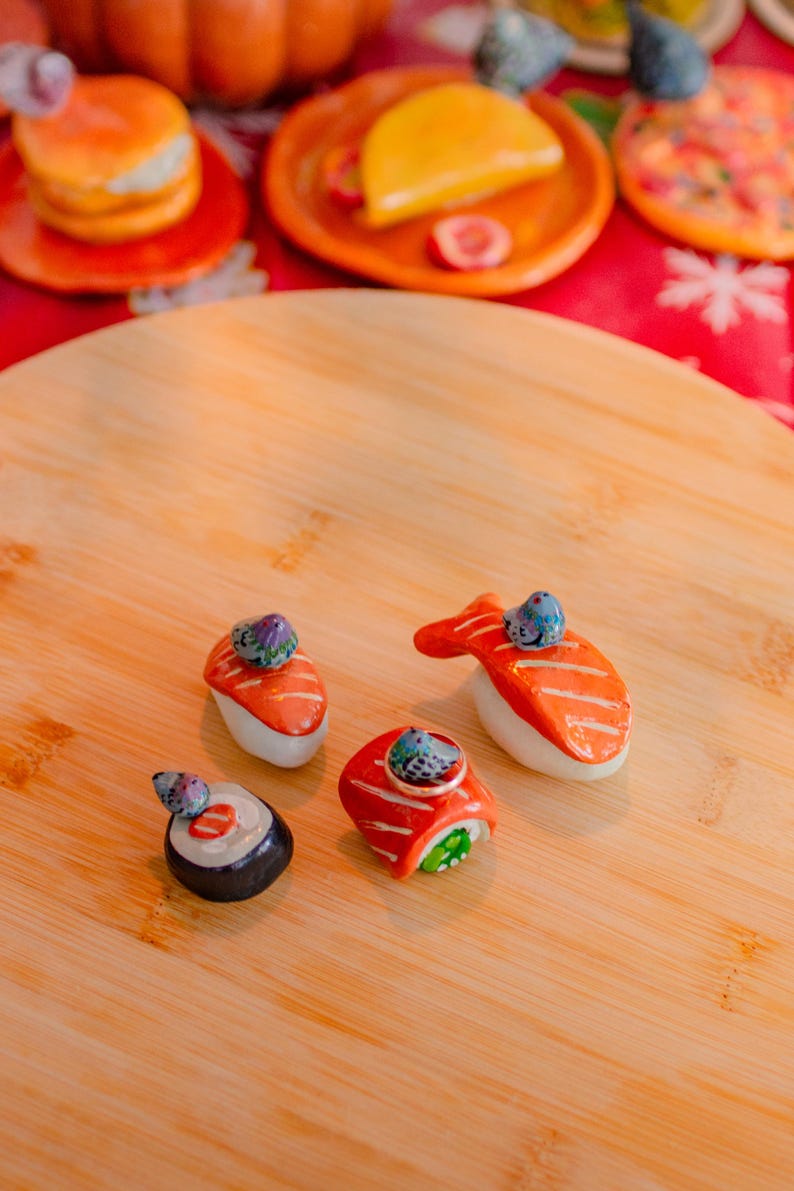 Pigeon on Sushi Ring Holder, Handmade Ring Organizer, Small Bird Desk Decor image 11
