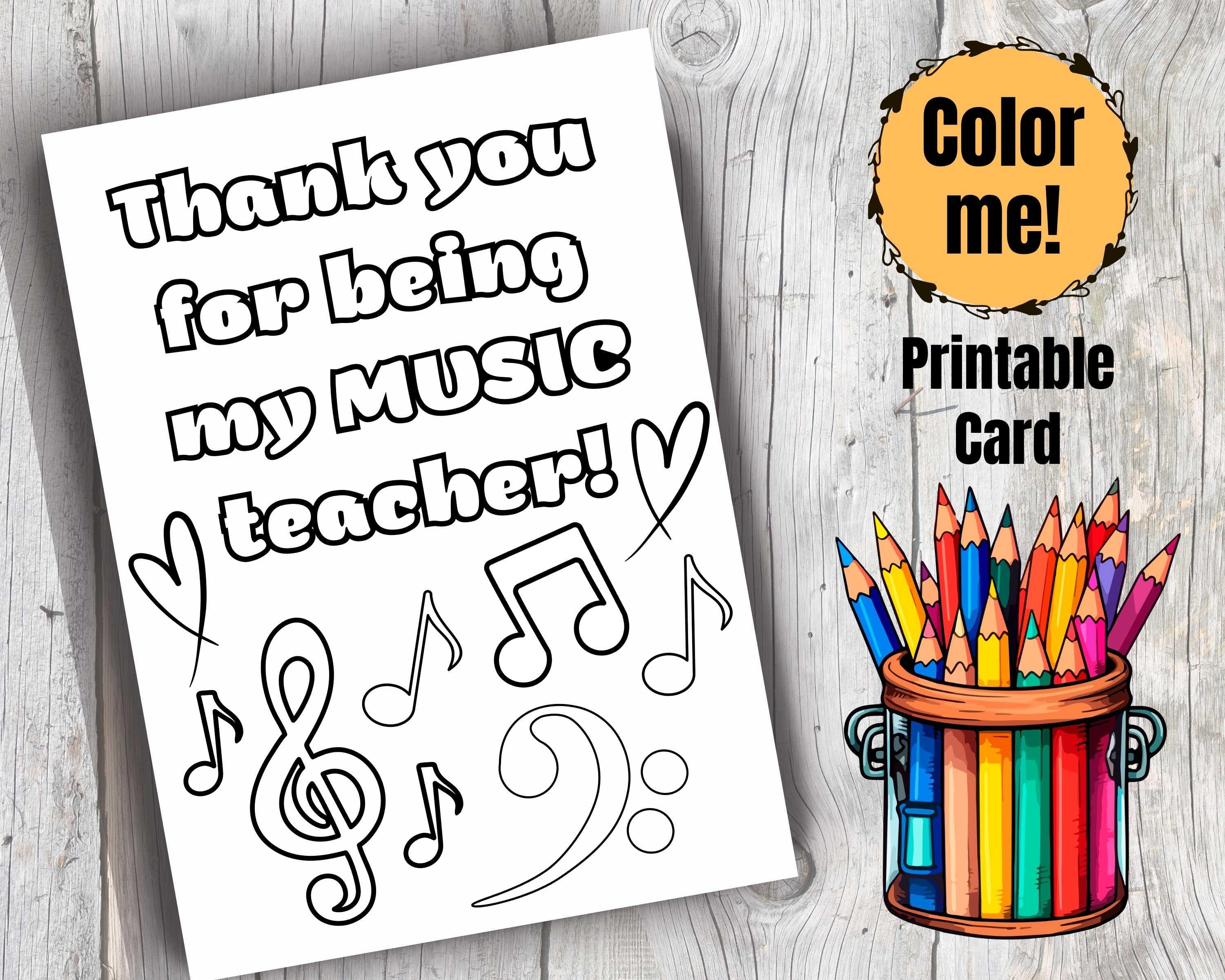 Printable Music Teacher Thank You Card: Coloring Page (Digital Download)