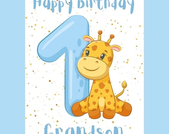 Cartão de 1º aniversário para neto - Cartão para impressão de 1º aniversário para neto - Feliz primeiro aniversário - Girafa (download em PDF e JPG)