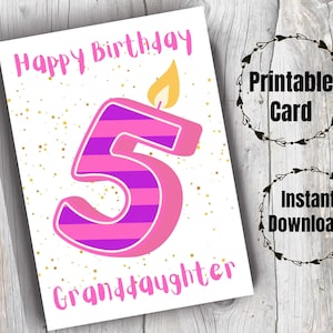 Biglietto di auguri per il quinto compleanno della nipote, stampabile, biglietto di auguri di buon compleanno per nipote di 5 anni, biglietto carino per il quinto compleanno della nonna