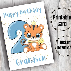 Cartão de 2º aniversário para neto Cartão de feliz aniversário para impressão para neto de 2 anos Segundo aniversário do bebê Tigre fofo da avó