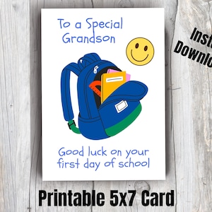 First Day of School Card for Grandson: Good Luck Greeting (Printable Card with Envelope)