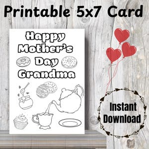 Mother’s Day Card - Teapot Card for Grandma Gift – Printable Coloring Card – Instant Download – DIY Digital Card– Mother&#39;s Day Grandma gift