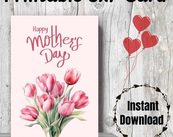 Happy Mother's Day Card | Printable Digital Download | Instant Download |  Pink Tulips Mother’s Day Card | Printable Envelope