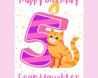 Cartão de 5º aniversário para neta: vela rosa, gatinha (download em PDF e JPG)