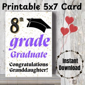 Carte de remise des diplômes de la 8e année pour petite-fille Cadeau de remise des diplômes imprimable Promotion 2025 Félicitations petite-fille Carte de remise des diplômes 8e année pour petite-fille