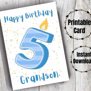 Cartão de 5º aniversário para neto Cartão de feliz aniversário para impressão para neto de 5 anos Cartão de vela de quinto aniversário para neto para aniversário
