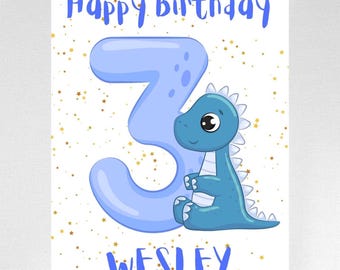 Personalized 3rd Birthday Card for Boy: Blue Dinosaur, Printable JPG (Digital Download) Happy Birthday