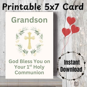 Printable First Holy Communion Card for Grandson Religious 1st Communion Grandson Card God Bless Grandson Printable Card for Grandson