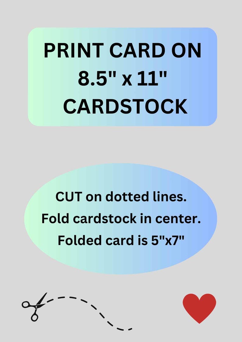 Pode incluir: Instru&ccedil;&otilde;es para imprimir um cart&atilde;o em cart&atilde;o de 21,6 cm x 27,9 cm, com instru&ccedil;&otilde;es para cortar em linhas tracejadas e dobrar. O tamanho final do cart&atilde;o dobrado &eacute; 12,7 cm x 17,8 cm. Tamb&eacute;m s&atilde;o mostradas uma tesoura, uma linha tracejada e um cora&ccedil;&atilde;o vermelho.