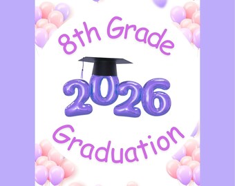 Tarjeta de graduación de 8.º grado para imprimir: Globos morados, Clase de 2026 (Descarga digital, 5x7")