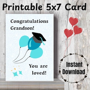 Tarjeta de graduación imprimible para nietos - Globos azules, regalo de graduación de los abuelos - Tarjeta digital de 5x7 - Descarga instantánea - Regalo de graduación