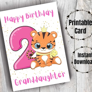 Cartão de 2º aniversário para neta Cartão de feliz aniversário para impressão para neta de 2 anos Segundo aniversário do bebê Tigre fofo da avó