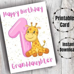 Cartão de 1º aniversário para neta Cartão de feliz aniversário para impressão para neta de 1 ano Primeiro aniversário do bebê Girafa fofa da avó