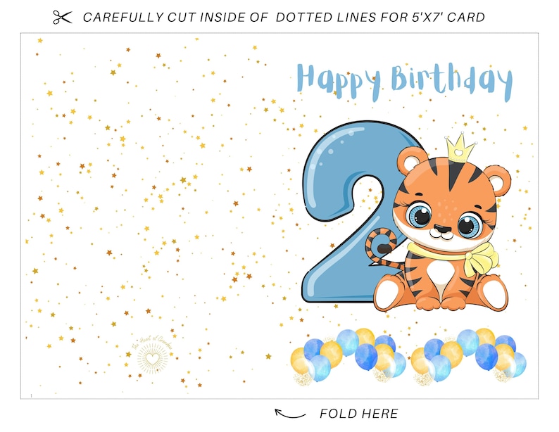 Cartão de aniversário de 2 anos para menino – Tigre de desenho animado, balões (Download JPG) imagem 5