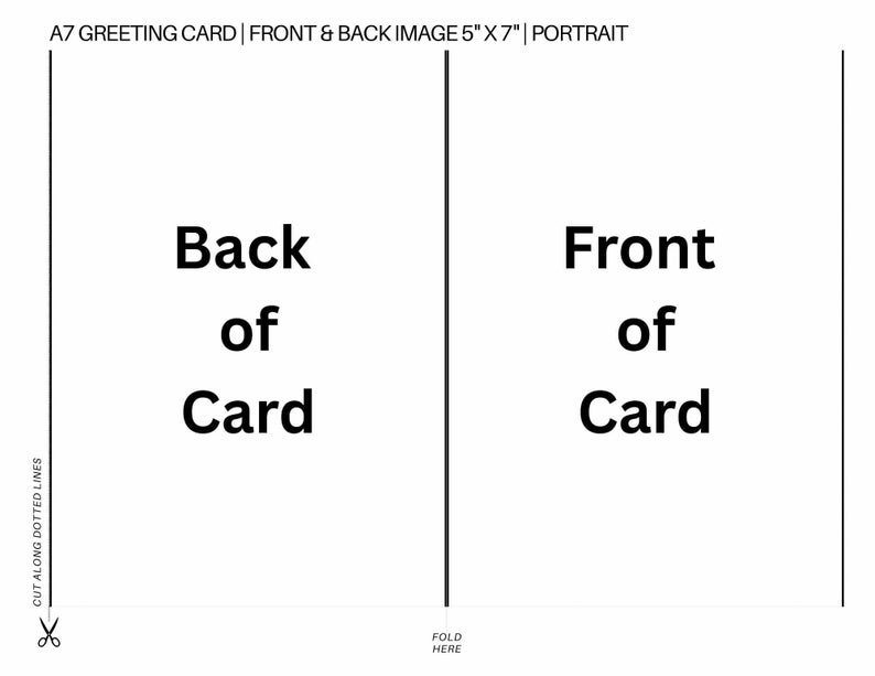 Pode incluir: Um cart&atilde;o de felicita&ccedil;&otilde;es branco com o texto "Back of Card" &agrave; esquerda e "Front of Card" &agrave; direita. O cart&atilde;o mede 12,7 cm x 17,8 cm e tem linhas tracejadas para corte e uma linha de dobra.