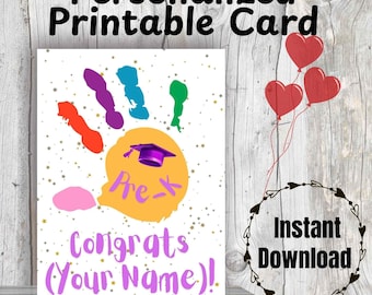 Cartão de formatura personalizado para pré-escola: design com impressão da mão (download digital)
