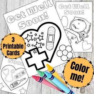 Cartes à colorier imprimables Get Well Soon pour enfants à télécharger sur Cartes à colorier pour les enfants, se sentir mieux, cadeau Une pensée pour vous, cadeau d'hôpital, paquet de 3
