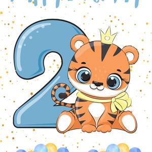 Cartão de aniversário de 2 anos para menino – Tigre de desenho animado, balões (Download JPG) imagem 3