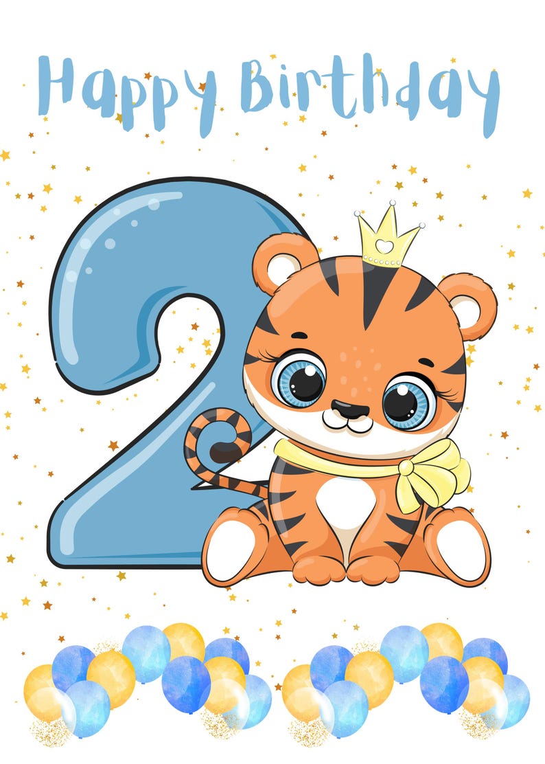 Cartão de aniversário de 2 anos para menino – Tigre de desenho animado, balões (Download JPG) imagem 3