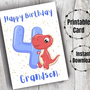 Cartão de 4º aniversário para neto Cartão de feliz aniversário para impressão para neto de 4 anos Quarto aniversário Dinossauro fofo para aniversário do neto
