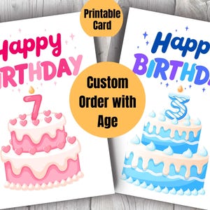 Tarjeta de cumpleaños imprimible personalizada con edad en rosa o azul. Descarga digital. Tarjeta de cumpleaños para niña. Tarjeta de cumpleaños para niño. Tarjeta de cumpleaños para niño.