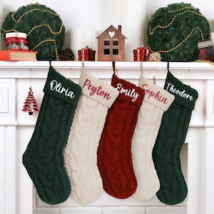 Personalized Christmas Stockings With Leather Patch, Custom Christmas Stockings with Name, Knit Stocking, Holiday Decor, Christmas Gift