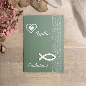 Personalisierte Einladungskarte salbei grün|Kommunion,Taufe,Firmung,Konfirmation|handgefertigte Karte|Fisch aus Holz|mit passendem Umschlag