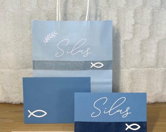 Personalisierte Grußkarte und Geschenktüte zur Kommunion,Konfirmation,Taufe,Firmung|handgefertigte Glückwunschkarte & Papiertüte| blau weiß