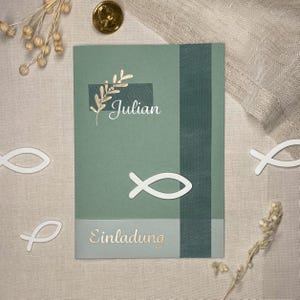 Personalisierte Einladung zur Kommunion,Taufe,Firmung,Konfirmation| salbei grün | handgefertigte Karte|Fisch aus Holz|mit passendem Umschlag