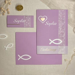 Set Einladungskarte & 3 Tischkarten|Flieder lila|Handgefertigte personalisierte Karte mit Umschlag,Platzkarten|Kommunion,Taufe,Konfirmation