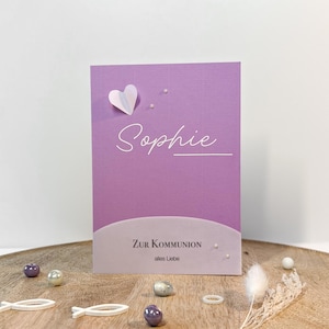 Grußkarte zur Kommunion und zu anderen Anlässen|personalisiert|handgefertigte Glückwunschkarte|Flieder lila|Salbei grün|blau|modern mit Name