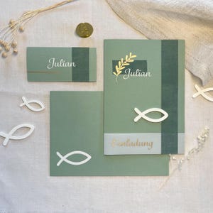 Set Einladungskarte & 3 Tischkarten|salbei grün|Handgefertigte personalisierte Karte mit Umschlag,Platzkarten|Kommunion,Taufe,Konfirmation