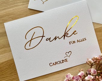 Personalisierte Karte „Danke für alles“| Dankeskarte mit Umschlag| Danksagung mit Herz in Gold| Dankegeschenk mit Wunschtext| Name in Gold