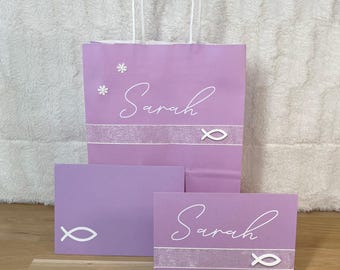 Personalisierte Grußkarte und Geschenktüte zur Kommunion,Konfirmation,Taufe,Firmung|handgefertigte Glückwunschkarte&Papiertüte|Flieder lila