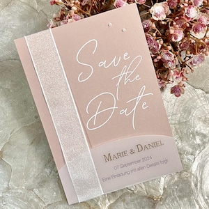 Personalisierte Save the Date Karte zur Hochzeit | handgefertigt, schimmernd mit Umschlag | rosé, creme, beige, gold mit Transparentpapier