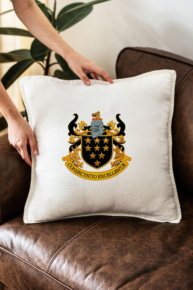 May include: A square white cushion featuring a detailed crest design. The crest includes a black shield with gold stars, a knight's helmet, and the words "CONSECTATIO EXCELLENTIAE" in gold. The cushion is on a brown leather sofa.