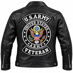 May include: A black leather jacket featuring a large embroidered patch on the back. The patch displays the U.S. Army emblem with a bald eagle, stars, and arrows, surrounded by text reading U.S. ARMY, UNITED STATES, and VETERAN.