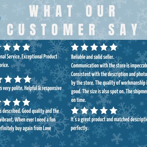 May include: A blue background with white snowflakes and text that reads "WHAT OUR CUSTOMER SAY." Customer reviews are displayed with star ratings, praising the product quality, service, and accurate descriptions.
