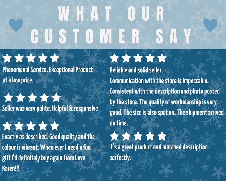 May include: A blue background with white snowflakes and text that reads "WHAT OUR CUSTOMER SAY." Customer reviews are displayed with star ratings, praising the product quality, service, and accurate descriptions.
