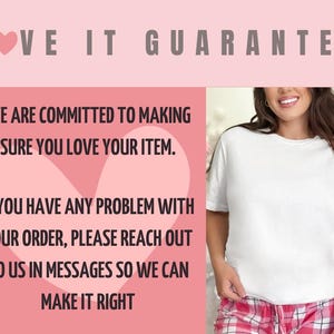 May include: A woman wearing a white t-shirt and pink plaid shorts. The image includes text that reads "LOVE IT GUARANTEE" and "WE ARE COMMITTED TO MAKING SURE YOU LOVE YOUR ITEM. IF YOU HAVE ANY PROBLEM WITH YOUR ORDER, PLEASE REACH OUT TO US IN MESSAGES SO WE CAN MAKE IT RIGHT."