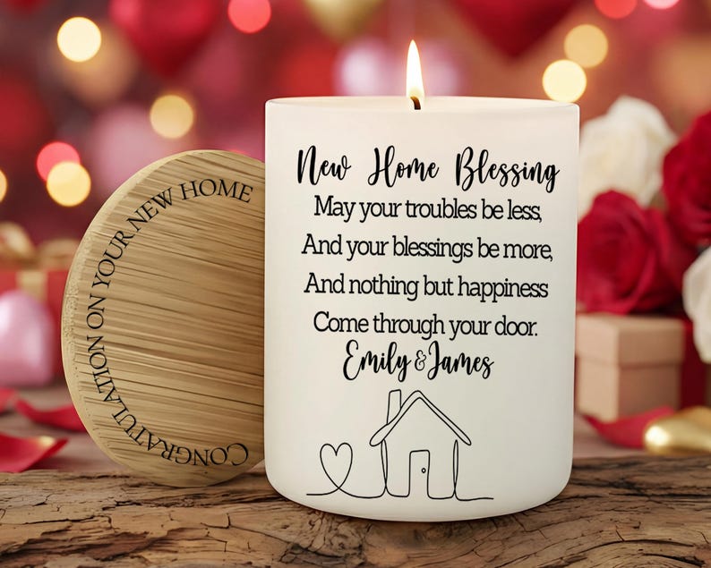 Puede incluir: Una vela blanca encendida con el texto "New Home Blessing" y un dibujo de una casa. Una posavasos de madera con las palabras "Felicitaciones por tu nuevo hogar" est&aacute; al lado de la vela. El fondo est&aacute; borroso con rojo y dorado.