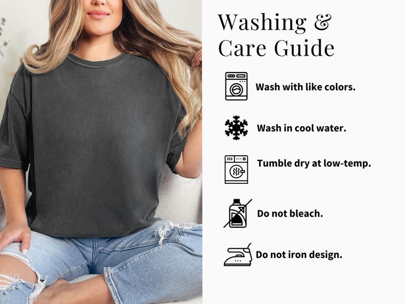 May include: A dark gray, short-sleeved t-shirt with a crew neck. The image includes a "Washing & Care Guide" with instructions: wash with like colors, wash in cool water, tumble dry at low-temp, do not bleach, and do not iron design.