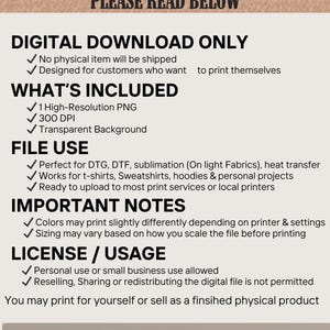 Puede incluir: Una hoja informativa beige sobre una descarga digital. El texto negro detalla las caracter&iacute;sticas del archivo digital, incluyendo lo que se incluye, el uso del archivo, notas importantes y licencia/uso. Se indica que no se enviar&aacute; ning&uacute;n art&iacute;culo f&iacute;sico.