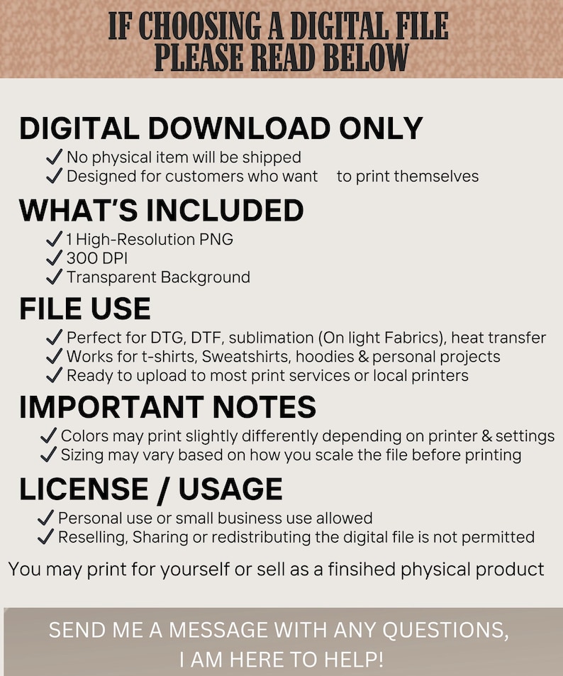 Puede incluir: Una hoja informativa beige sobre una descarga digital. El texto negro detalla las caracter&iacute;sticas del archivo digital, incluyendo lo que se incluye, el uso del archivo, notas importantes y licencia/uso. Se indica que no se enviar&aacute; ning&uacute;n art&iacute;culo f&iacute;sico.
