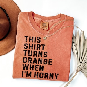 May include: Coral-colored t-shirt with the text "THIS SHIRT TURNS ORANGE WHEN I'M HORNY" in black. A gold necklace and a brown hat are also in the image. The shirt has a Comfort Colors tag.