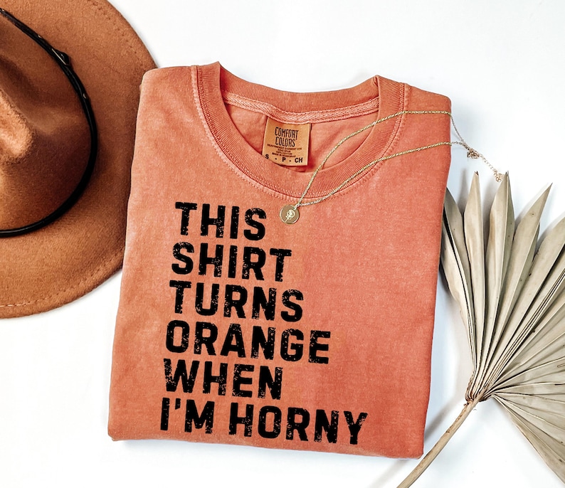 May include: Coral-colored t-shirt with the text "THIS SHIRT TURNS ORANGE WHEN I'M HORNY" in black. A gold necklace and a brown hat are also in the image. The shirt has a Comfort Colors tag.