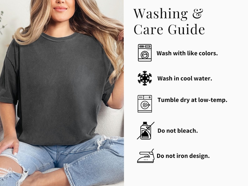 May include: A charcoal gray t-shirt with a crew neck. The image includes a washing and care guide with instructions: wash with like colors, wash in cool water, tumble dry at low-temp, do not bleach, and do not iron design.