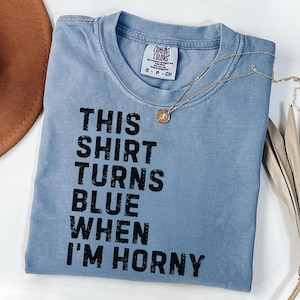 May include: A light blue t-shirt with the text "THIS SHIRT TURNS BLUE WHEN I'M HORNY" in black block letters. A gold necklace with a pendant rests on the shirt. The shirt is folded and placed on a white surface.